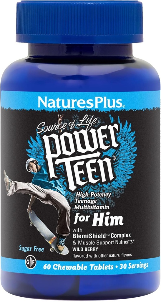 Natures Plus Power Teen for Him - 60 Chewable Tabletler, Wild Berry - Yüksek Lisanslı Genç Multivitamin - Sugar Free, Vegetarian, Gluten Free - 30 Hizmetler