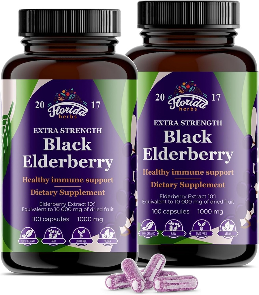 Black Elderberry Capsules | 200 Count - 10,000mg | Sambucus Elderberry Vitamins, Non-GMO, Gluten Free, Organic Elderberry Extract Sambucus Nigra - 200 Vegan Capsules - Pack of 2