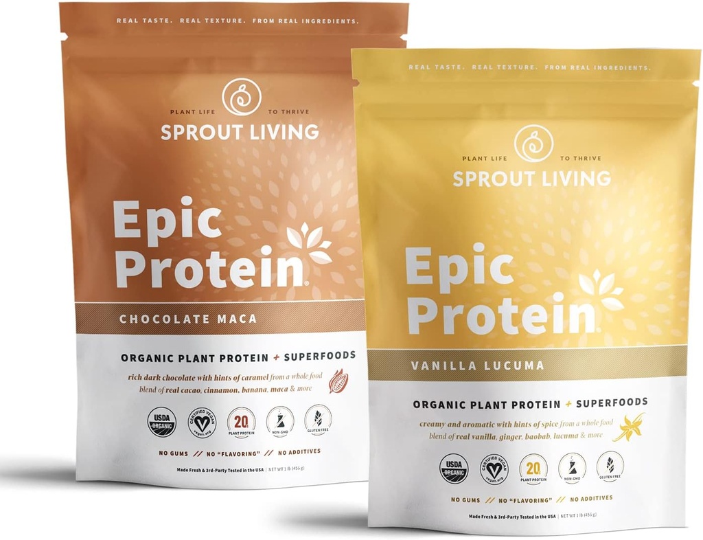 Sproout Living Epic Protein Bundle - Σοκολάτα Maca & Vanilla Lucuma (20g οργανική σκόνη πρωτεΐνης φυτού, Vegan, Χωρίς γλουτένη, Superfoods) 