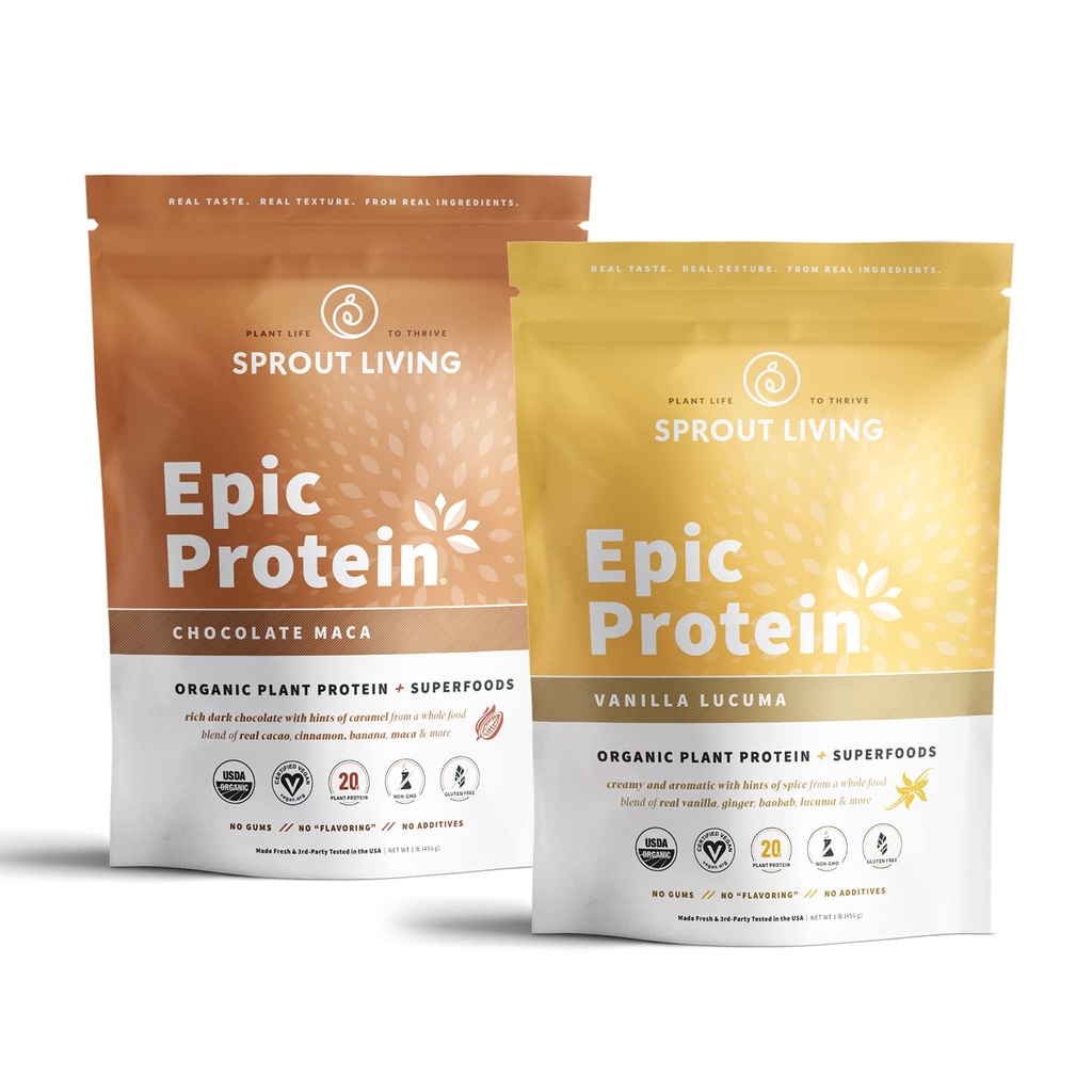 Sproout Living Epic Protein Bundle - Σοκολάτα Maca & Vanilla Lucuma (20g οργανική σκόνη πρωτεΐνης φυτού, Vegan, Χωρίς γλουτένη, Superfoods) 