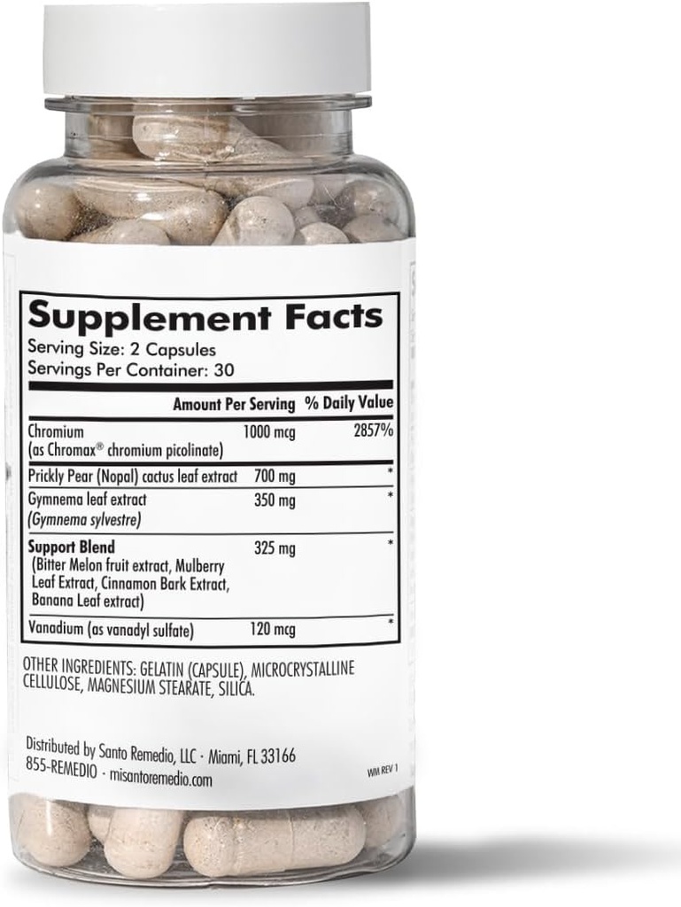 Αποκλειστική Φόρμουλα του Santo Remedio με Nopal, Chromium Picolinate (Chromax), Gurmar (Gymnema Silvestre), και Vanadyl Sulfate. 60 Κάψουλες (30 Υπηρεσίες)