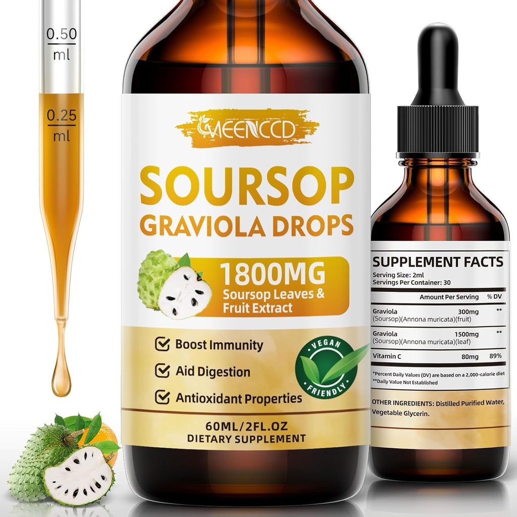 Soursop Graviola Liquid Drops 1800 mg, Doğal Antioksi, Hücre Desteği ve Rejenerasyonu, Immune Boost, Soursop Bitters, Sugar-Free, Non-GMO, Vegan, Orange Flavor, 2 FL OZ