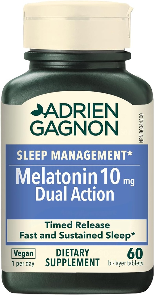 Adrien Gagnon - Μελατονίνη 10mg, διπλή απελευθέρωση χρόνου δράσης μελατονίνη για βαθύ ύπνο, φυσικά βοηθήματα ύπνου για ενήλικες επιπλέον δύναμη, 60 Vegan Melatonin ταχεία διαλύστε τα δισκία