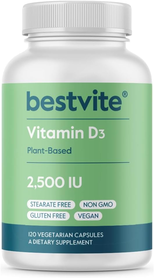 BESTVITE Vegan D3 2500 IU (120 Vejetaryen Capsules) - Stearates - Vegan - GMO - Gluten Ücretsiz
