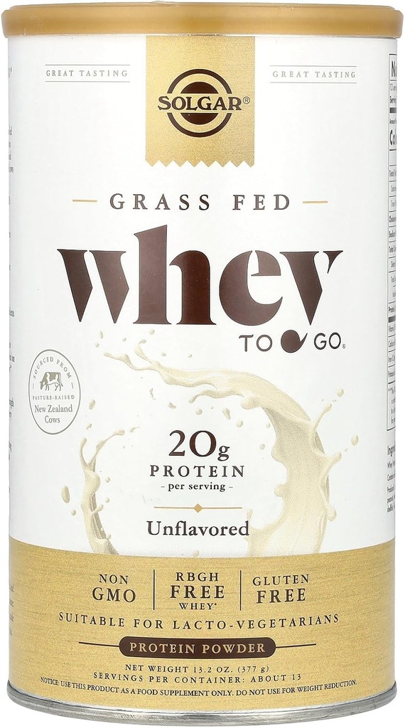 Solgar Grass Fed Whey to Go Protein Powder Unflavored, 11.2 oz - 20g Grass-Fed Protein from New Zealand Cows - Great Tasting & Mixes Εύκολα - Υποστηρίζει δύναμη & ανάκτηση - Μη ΓΤΟ, 13 Υπηρεσίες