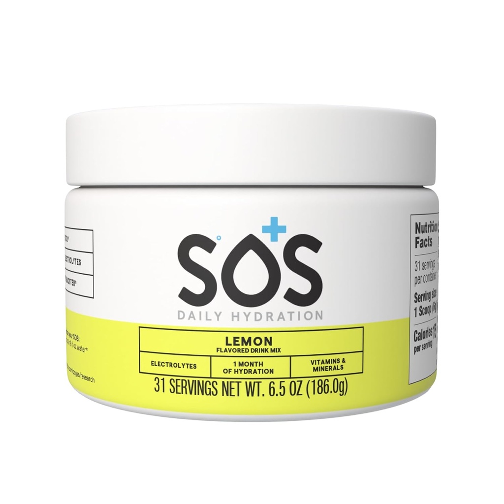 SOS Hydration Electrolyte Powder Drink Mix | Bulk 31 Servings | – Low Sugar | 15 Calorie Keto-Friendly & Rapid Rehydration| Lemon Flavor