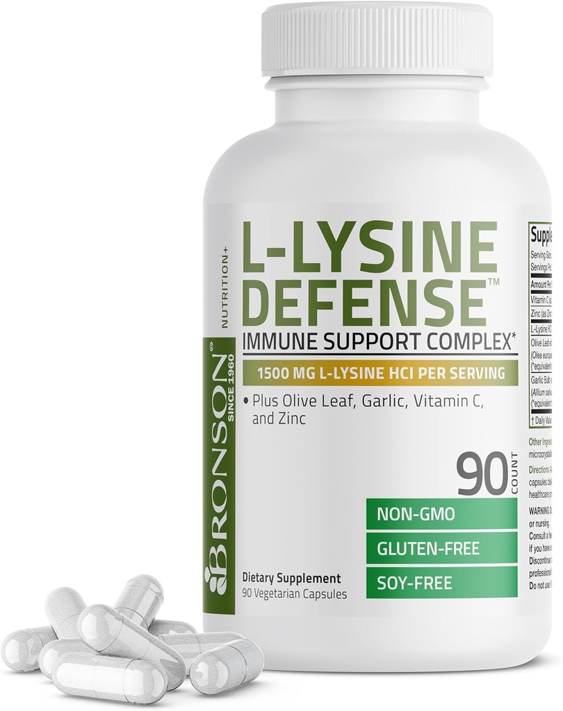 Bronson L-Lysine Savunma Immune Support Complex 1500 MG L-Lysine Plus Olive Leaf,,, C ve çinko - Non-GMO, 90 Vegetarian Capsules