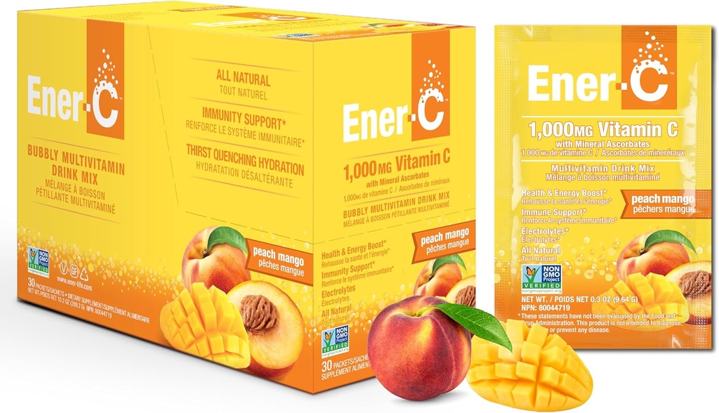 Ener-C Peach Mango Multivitamin Mix Toz Vitamin C 1000 mg & Electrolytes with Real Fruit Juice Natural Energy & Immune Support for Women & Men - Non-GMO Vegan & Gluten Free - 30 Count Count