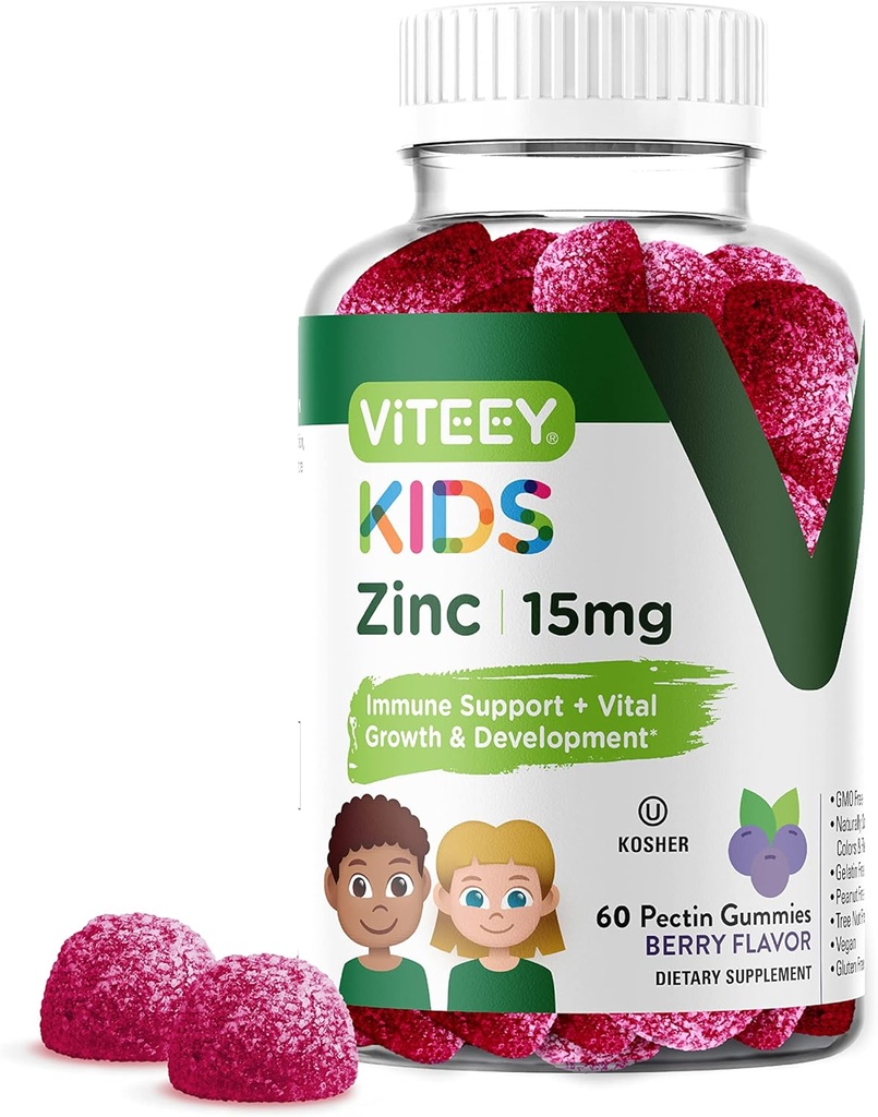 Çocuklar için Viteey Bora, 15mg - Immune Support - Güçlü Doğal Antioksi, Çocuklar çinko Vitamin Tamam - Vegan, Gelatin Free, Gluten Free - Tasty Chewable Berry Flavor Gummy