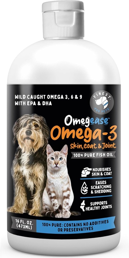Omegease Fish Oil for Dogs & Cats - Finest for Pets Omega 3 for Cats & Dogs - Συμπλήρωμα για το δέρμα & το λίπος, φαγούρα, χύτευση, αρθρώσεις & ανοσοποιητικό υγεία - 100% Αμιγές Ωμέγα ιχθυέλαιο με EPA & DHA (16 oz)