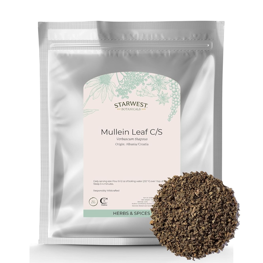Starwest Botanicals Wildcrafted Mullein Leaf - Αποξηραμένα χαλαρά φύλλα βοτάνων για τσάι, κομμένα και κοφτερά τσάντα, φυσική πηγή αντιοξειδωτικών, Certified Kosher - Bulk 1 lb τσάντα