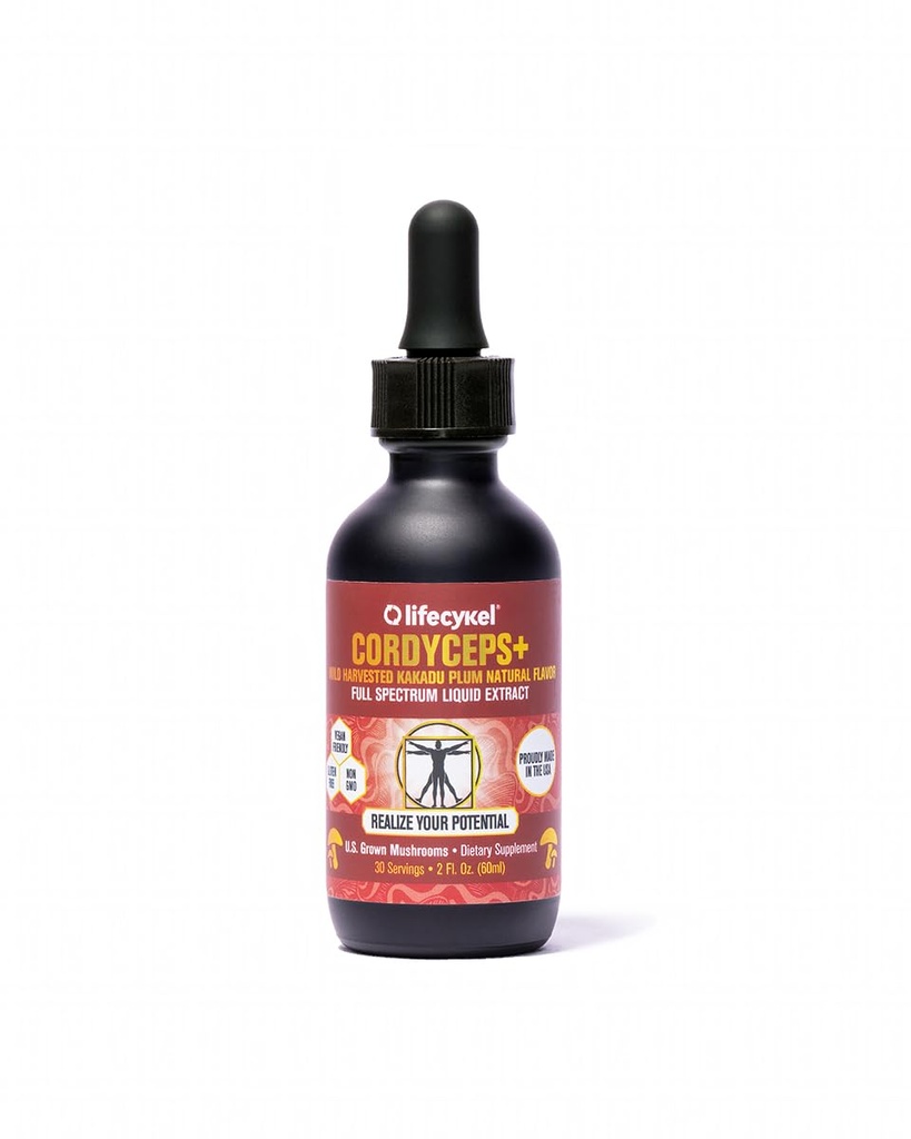 Lifecykel Cordyceps Mushroom Extract w/Kakadu Plant- Natural Energy Supplement for Fatigue & Stamina- Mycelium Vitamin C Antioksis Non-GMO Organik Mushrooms Made in US, 2 Fl oz (Packating Vary)