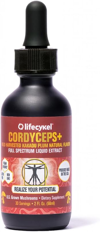 Lifecykel Cordyceps Mushroom Extract w/Kakadu Plum- Natural Energy Supplement for Fatigue & Stamina- Mycelium Vitamin C Antioxidants Non-GMO Βιολογικά Μανιτάρια Made in US, 2 Fl oz (Packaging May Vary)