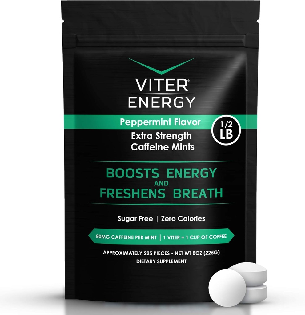 Viter Energy Extra Strength Caffeinated Mints 80 mg Caffeine, B Vitaminleri, Sugar Free. (Peppermint, 8oz, Bulk Bag)