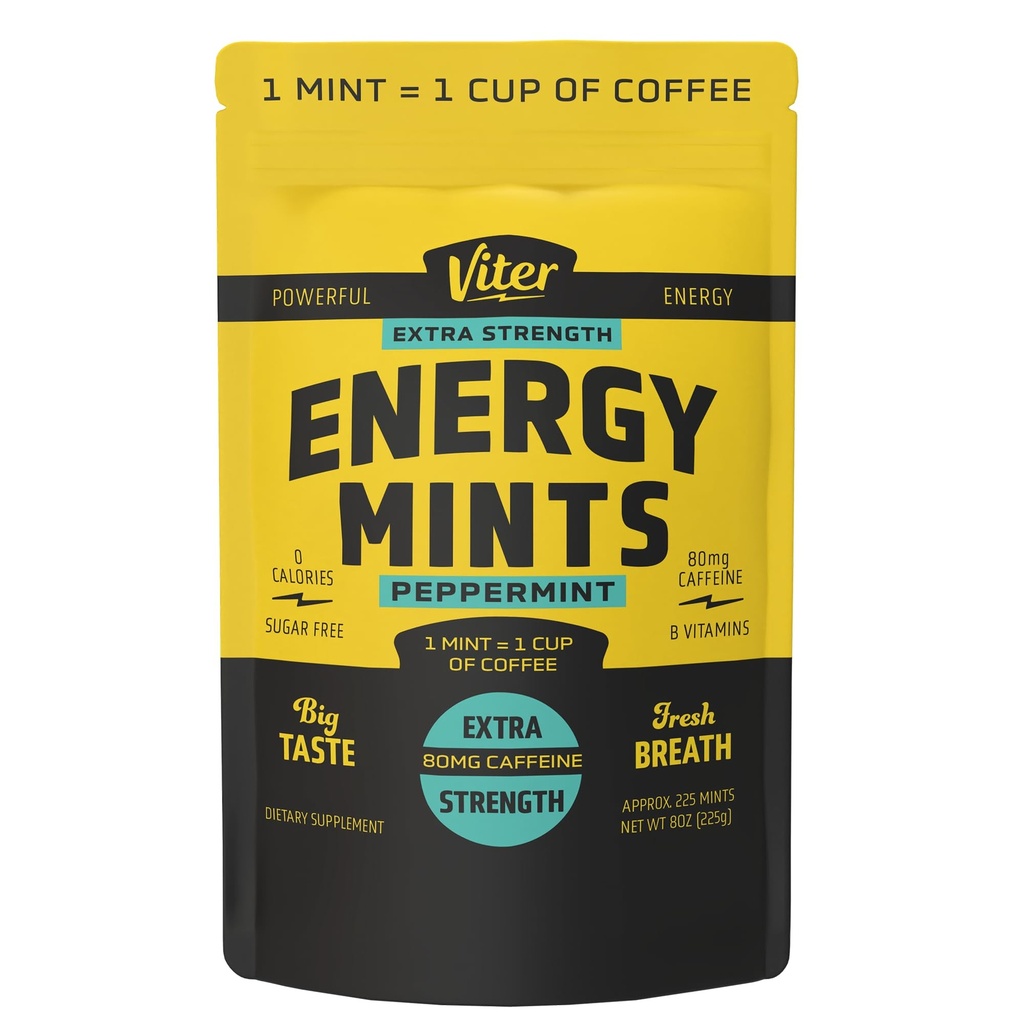 Viter Energy Extra Strength Caffeinated Mints 80 mg Caffeine, B Vitaminleri, Sugar Free. (Peppermint, 8oz, Bulk Bag)