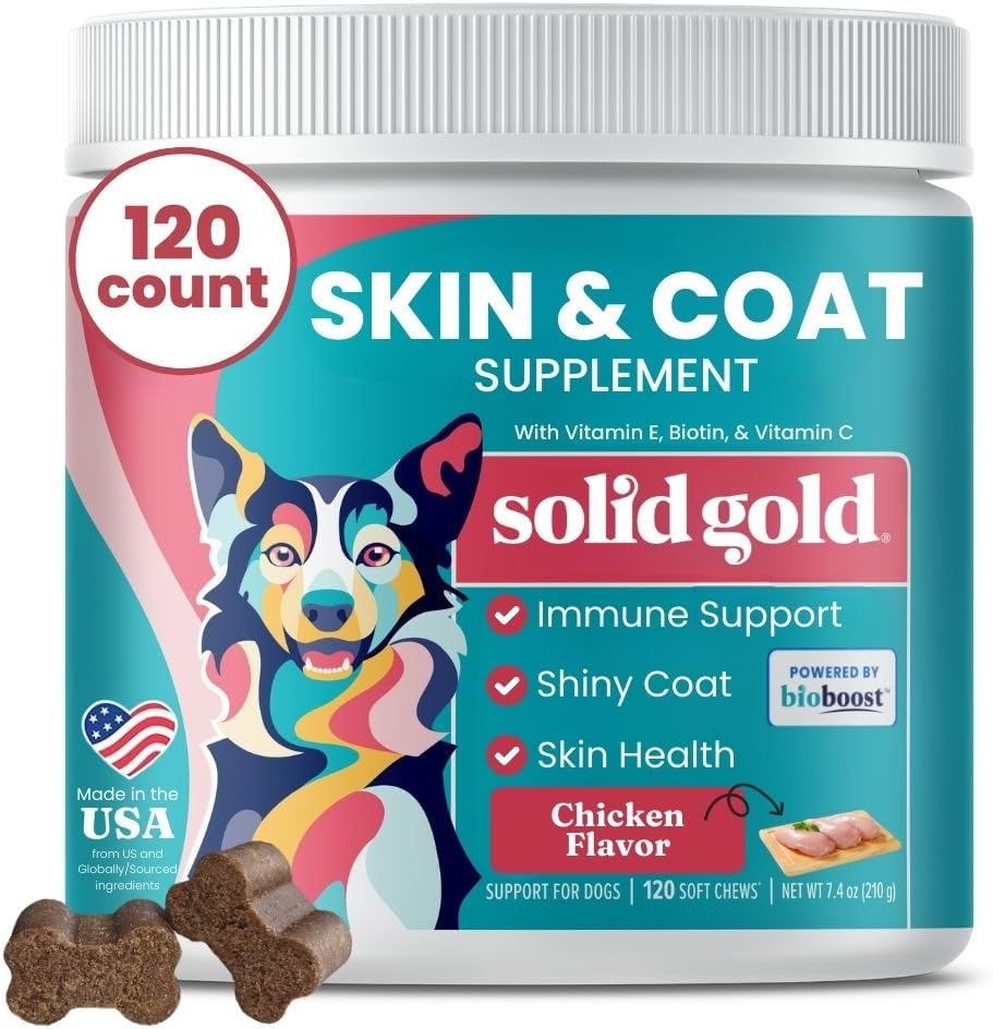 Solid Gold Omega 3 Köpekler için Balık Yağı Yumuşak Chews - Chicken Flavored Omega 3 for Dog Skin & Coat Health - C, E & Biotin Chews for Kuru Skin, Immune Support & Itch Relief for Dogs - All Ages 120ct