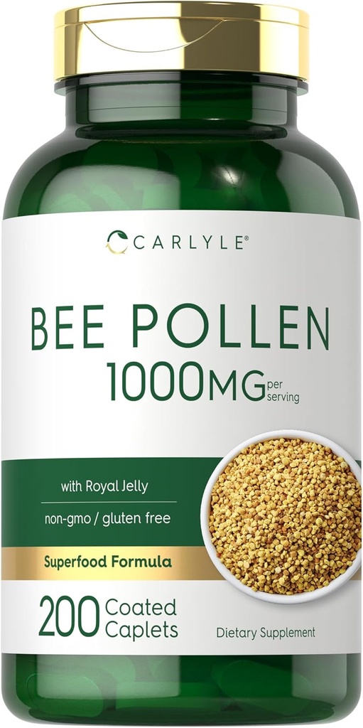 Carlyle Bee Pollen Supplement | 1000 mg | 200 Caplets | Royal Jelly ve Bee Propolis | Erkekler ve Kadınlar için | Vejetaryen, Non-GMO, Gluten Free