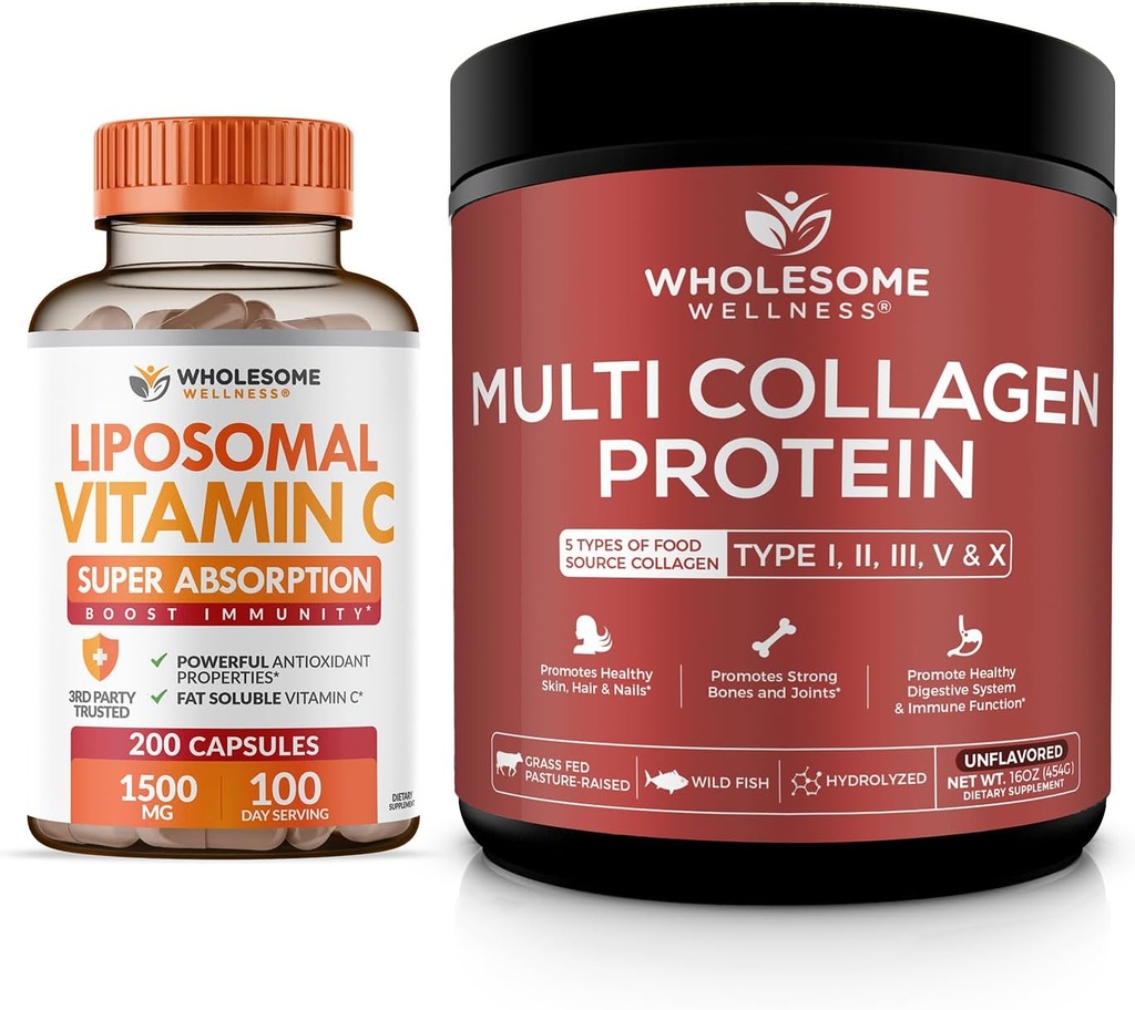 Wholesome Wellness Liposomal Vitamin C Capsules + Multi Collagen Protein Powder Hydrolyzed Bundle