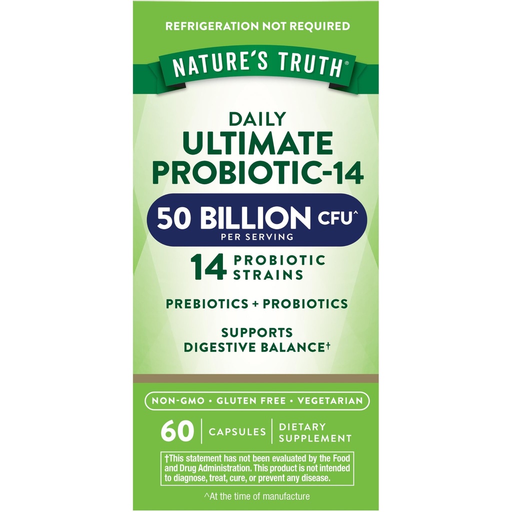 Nature's Truth Probiyotik for Women and Men | 50 Milyar CFU | 14 Probiyotik Strains | 60 Capsules | Stomach Friendly | 200 mg Prebiyotiks | Vegetarian, Non-GMO & Gluten Free Supplement