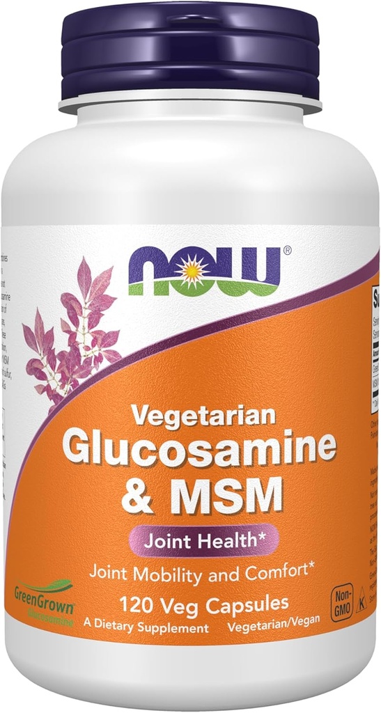 NOW Συμπληρώματα τροφίμων, γλυκοζαμίνη & MSM (GreenGrown® Glucosamine), χορτοφαγικά, 120 κάψουλες Veg