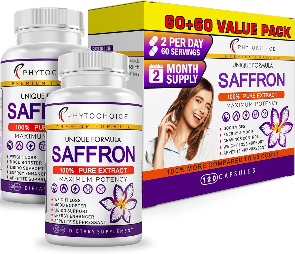 Συμπληρώματα σαφράν - 100% Pure Saffron Extract Κάψουλες - Boost Energy & Mood, Focus, Vision, Supports Eye, Retina, and Lens Health, Support Heart Health for Women & Men - Made in USA - 120 Capsles