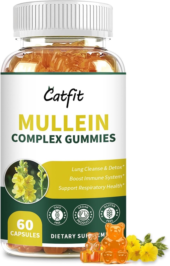 Catfit Mullein Gummies for Lungs – Εκχύλισμα φύλλων Mullein με Quercetin, Elderberry για αναπνευστική και ανοσοποιητική υποστήριξη, Lung Health & Breathing, Vegan, Ανανάς Γεύση, 60 Gummies