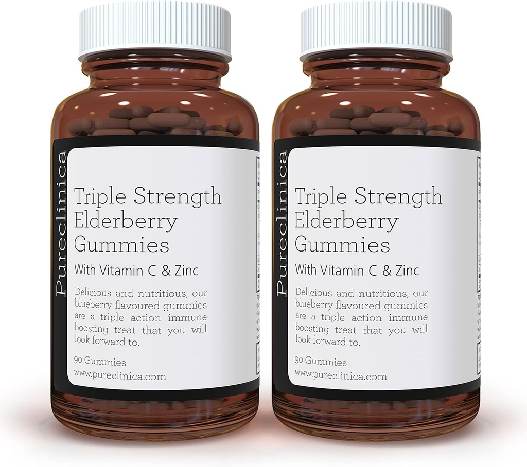 Pureclinica Triple Strength Immune Support - Gummys Elderberry με Βιταμίνη C & Ψευδάργυρο x 180 Gummies (2 μπουκάλια των 90) – έως και 6-Months Supply!