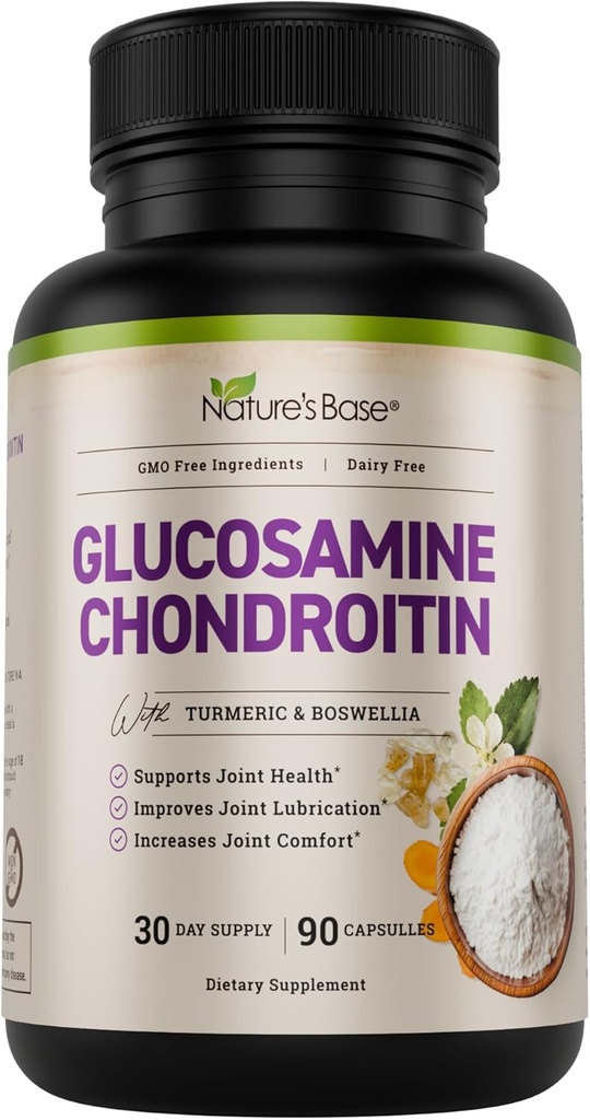 Βάση της φύσης Glucosamine Chondroitin MSM Collagen - Κοινό συμπλήρωμα υποστήριξης για κινητικότητα, ευελιξία, & άνεση - με Turmeric, Boswellia - για άνδρες και γυναίκες - 90 κάψουλες