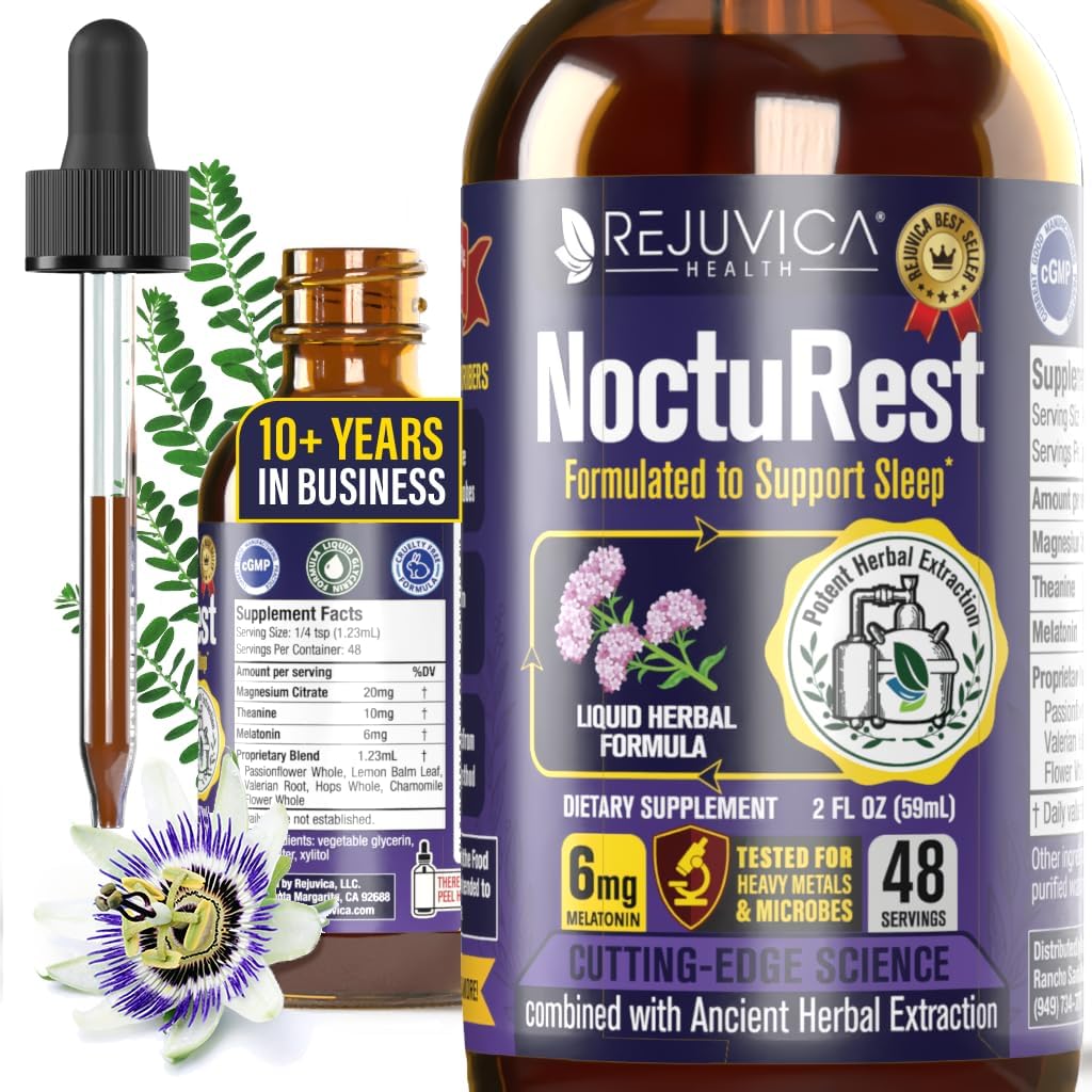 NoctuRest Natural Sleep-Aid with Valerian and Melatonin - All- Natural Liquid Formula 2X Abors - Magnezyum, L-Theanine & More