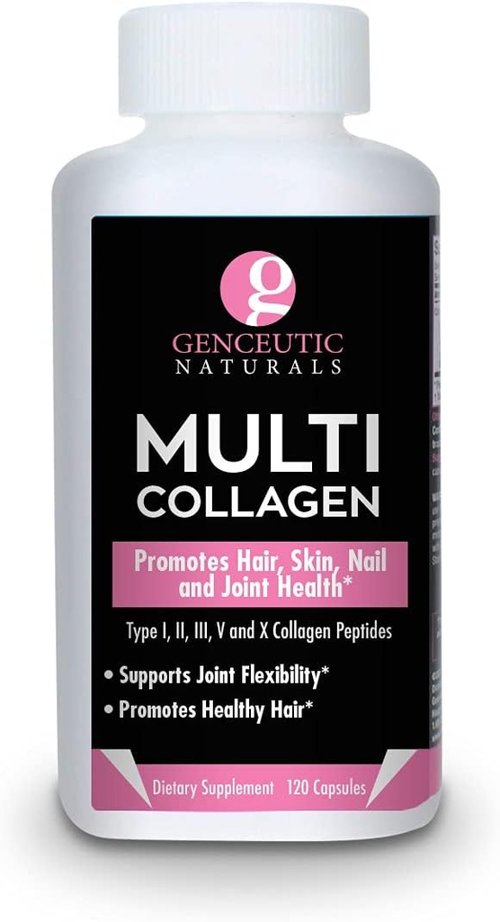 Genceutic Naturals Multi Collagen Capsules Tipleri I, II, III, V & X - 120 Veg Caps - for Health Hair Skin, Nails 1500 mg Non-GMO, Pasture-Raized, kafes Free and Cruelty Free Source
