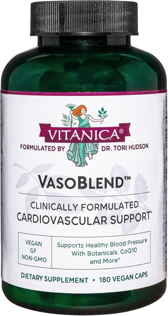 Vitanica VasoBlend - Heart Health Supplement with Folic Acid, Magnezyum, CoQ10 & Terminalia Arjuna Bark - Heart Health Supplement - Lady - 180 Vegan Caps