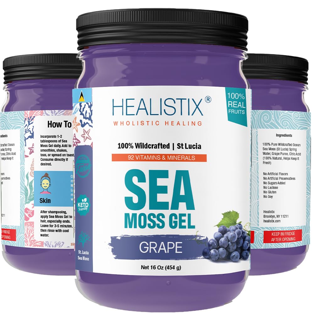 Healistix Grape Irish Sea Moss Gel 16 Oz - St Lucia Wildcraft Seamoss Gel, Packed with 92 Vitamins - Superfood for Immune Support, Non-GMO, Keto, Vegan