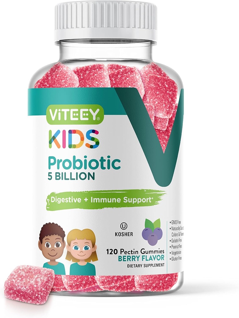 Çocuklar için Viteey Probiyotik Gummies - 5 Milyar CFUs - Probiyotiks Kids Constipation Relief, Natural Immune & Digestive Health Support - Vegetarian, Gelatin Free, GMO Free - Tasty Berry Flavored Gummy