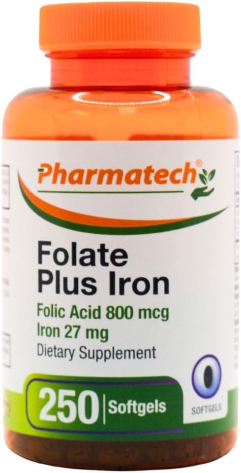 Folic Acid 800 mcg Plus Iron 27 mg Supplement for Women, Vitamin B9, Folate Prenatal, Fast Absorption, Made in USA, 250 Softgels
