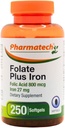 Folic Acid 800 mcg Plus Iron 27 mg Συμπλήρωμα για γυναίκες, Βιταμίνη Β9, Folate Προγεννητική, γρήγορη απορρόφηση, Made in USA, 250 Softgels