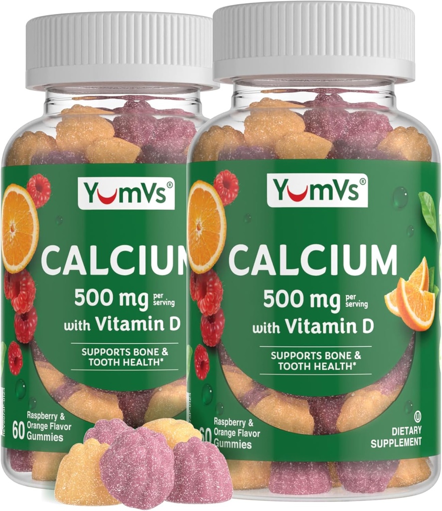 YumVs Ασβέστιο 500mg με Βιταμίνη D3 - Βατόμουρο & Πορτοκαλί Γεύσεις Ασβέστιο Βιταμίνη D Gummies, Μασώμενο συμπλήρωμα ασβεστίου για παιδιά & ενήλικες, Βιταμίνη D Ασβέστιο Gummies (60 Count (Pack of 2))