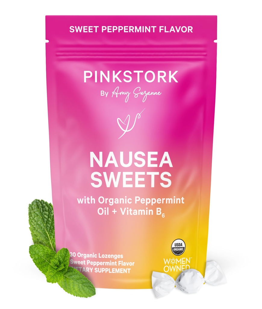 Pembe Stork Organik Peppermint Sabah Hastalığı ve Hareket Hastalığı Desteği için Tatlılar, B6 vitamini eklendi, 1st Trimester Hamilelik Dereceleri - 30 tane daha Peppermint Candies