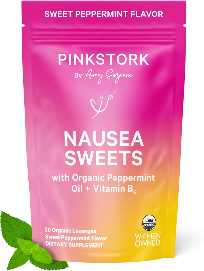 Pembe Stork Organik Peppermint Sabah Hastalığı ve Hareket Hastalığı Desteği için Tatlılar, B6 vitamini eklendi, 1st Trimester Hamilelik Dereceleri - 30 tane daha Peppermint Candies