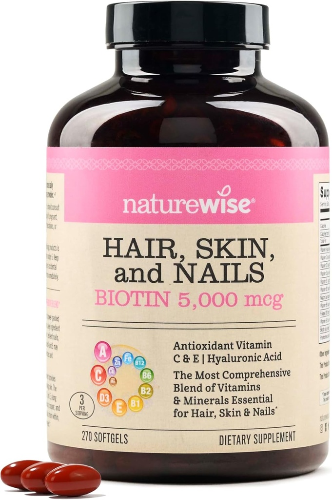 NatureWise Hair Skin and Nails Vitamin, Biotin 5000mcg w/Hyaluronic Acid, C, B Complex, D3, A, E, Iron - Non-GMO, Gluten Free - 270 Softgels[3-Month Supply]