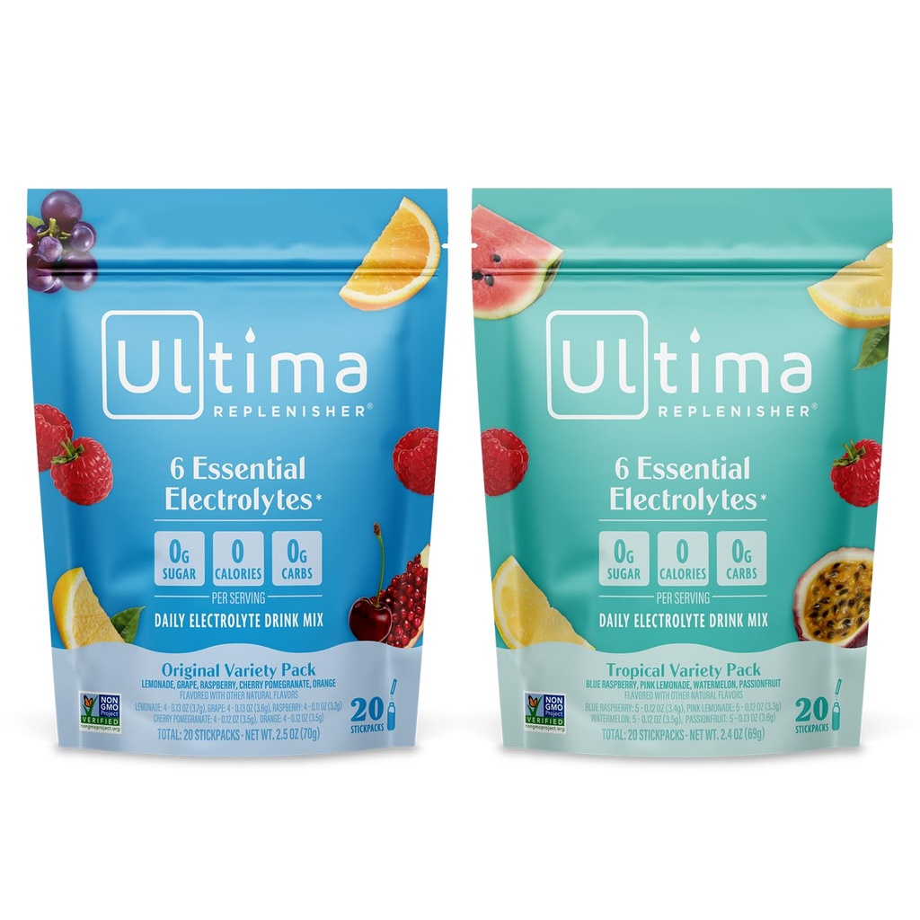 Ultima Replenisher Daily Electrolyte Toz İçecek Mix - Sugar Free - Tropikal Çeşitlilik ve 5Flavor Çeşitlilik, 20 Stickpacks - 6 Electrolytes ve Minerals ile Hydration Packets – Keto, Non-GMOMO