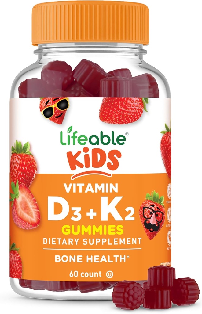 Lifeable Kids Vitamin D3 K2 Gummies | 1000iu D3 and K2 100mcg | Great Tasting D3 and K2 Supplements | for Bone Health and Immunity | VIT D3 K2 for Kids | 60 Gummies