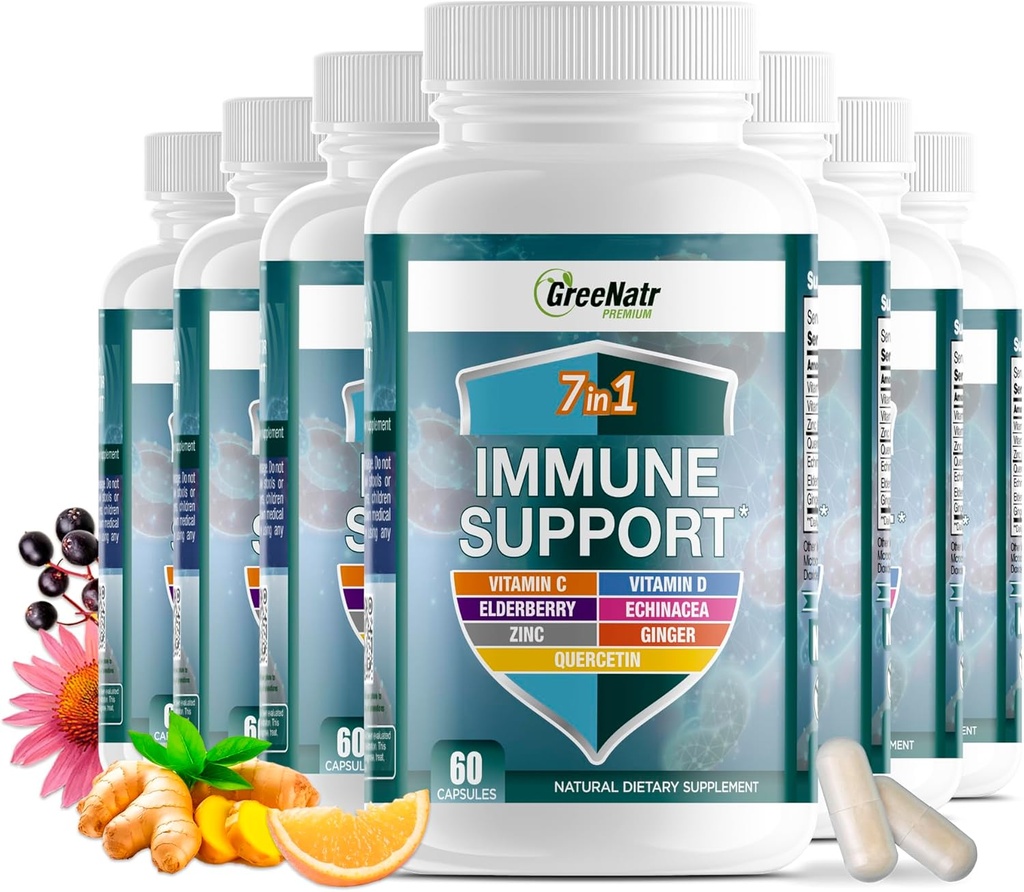 GreeNatr 7, 1 Immune Support Supplement with Vitamin C, Vitamin D3, çinko 50 mg, Quercetin, Echinaceapurea, Sambucus Elder and Ginger for Complete Immune Defense - 60 Capsules (12 Şişe)