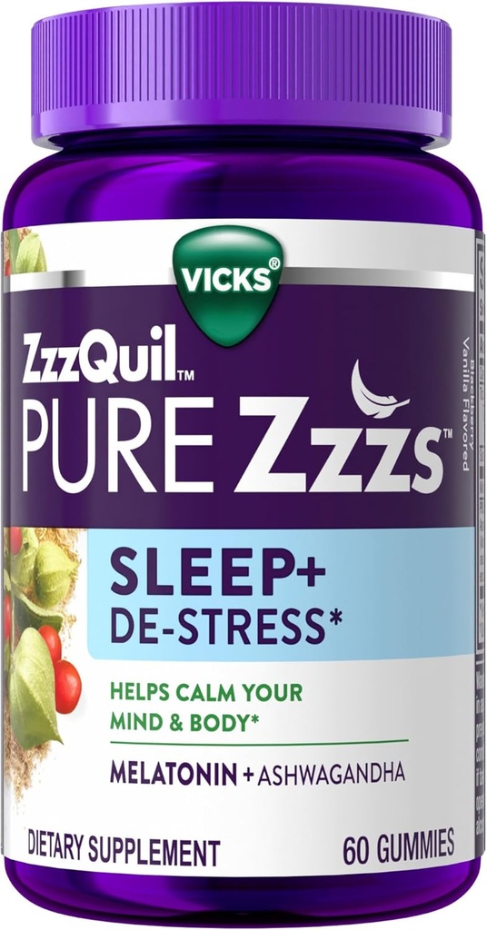 ZzzQuil PURE Zzzs De-Stress 2 mg Melatonin Gummies , Sleep Aids for Yetişkinler, Ashwagandha for Stress Support, 60 Gummies