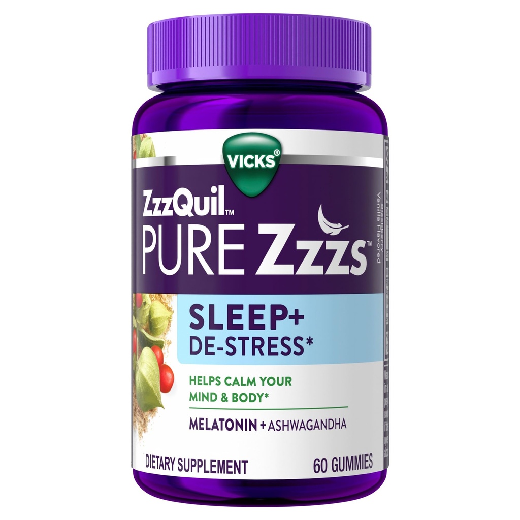 ZzzQuil PURE Zzzs De-Stress 2 mg Melatonin Gummies , Sleep Aids for Yetişkinler, Ashwagandha for Stress Support, 60 Gummies