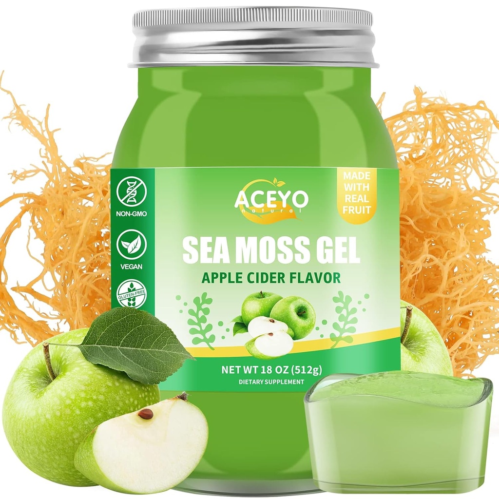 (18 OZ) Irish Sea Moss Gel Organic Raw Vegan Apple Flavor 102 Vitamins and Minerals Wild Harvested Non-GMO Immune Defense Booster Thyroid Digestive Support