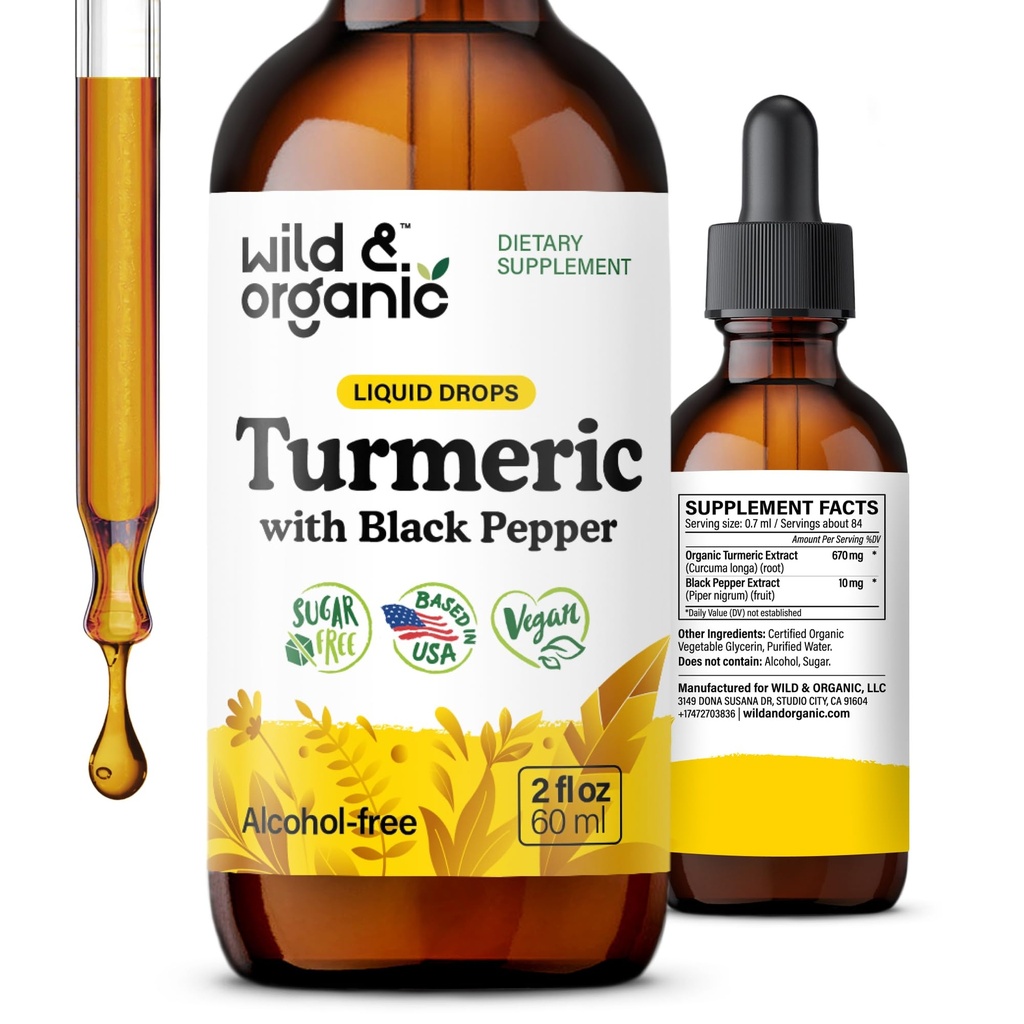 Wild & Organic Turmeric Supplement Liquid - Ortak Destek - Turmeric Curcumin with Black Pepper Extract - Curcumin Roots - Vegan, Sugar & Alkol Ücretsiz Tincture - 2 fl ozz