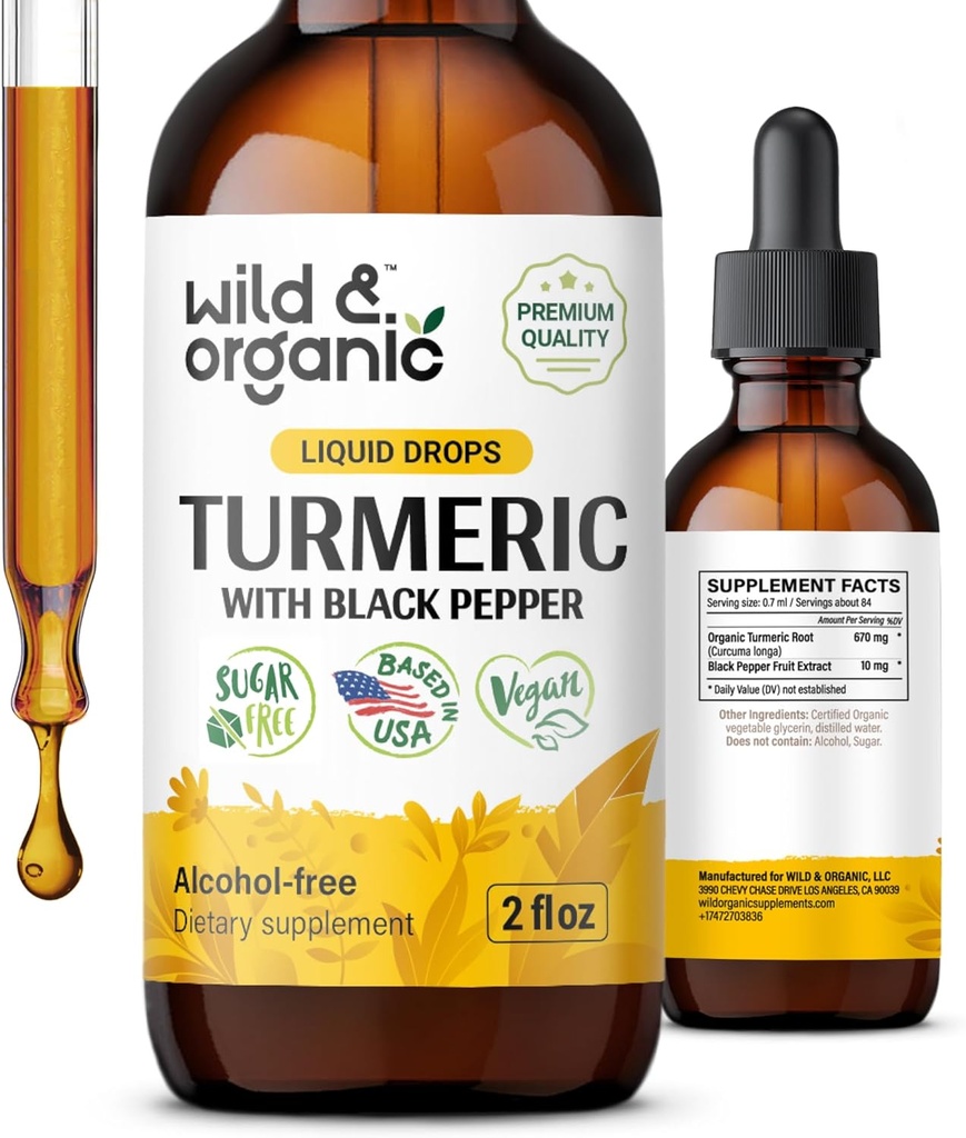 Wild & Organic Turmeric Supplement Liquid - Ortak Destek - Turmeric Curcumin with Black Pepper Extract - Curcumin Roots - Vegan, Sugar & Alkol Ücretsiz Tincture - 2 fl ozz