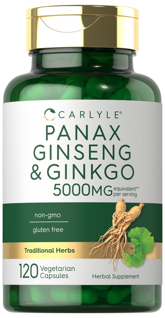 Carlyle Panax BTC & Ginkgo 5000mg | 120 Vegetarian Capsules | Non-GMO & Gluten Free Supplement Supplement