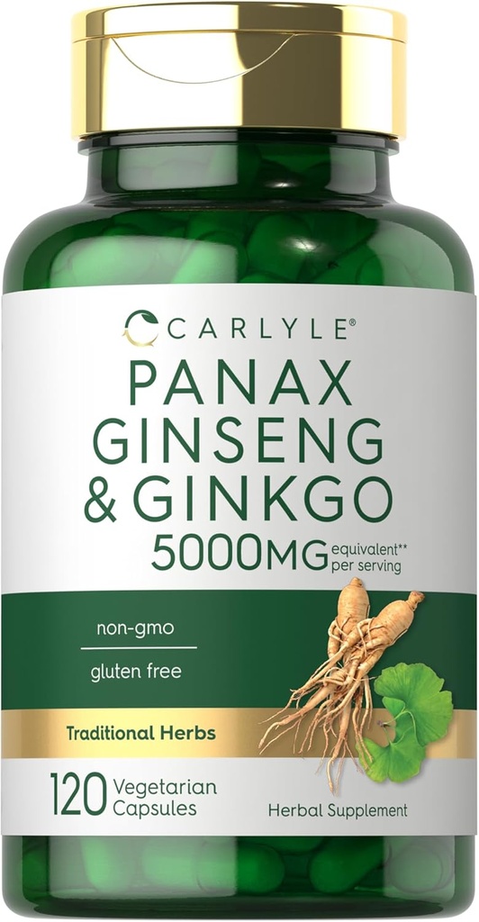 Carlyle Panax BTC & Ginkgo 5000mg | 120 Vegetarian Capsules | Non-GMO & Gluten Free Supplement Supplement