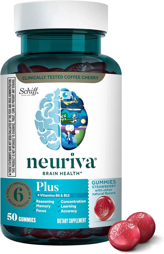 NEURIVA Plus Brain Supplement for Memory,Focus & Concentration+Cognitive Function with Vitamins B6 & B12 ve Klinik olarak Nootropics Phosphatidylserine ve Nörofaz,50ct Strawberry Gummies